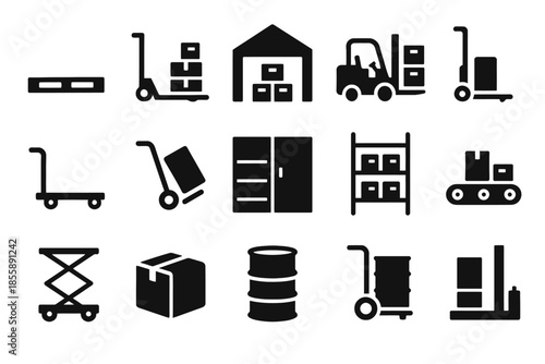 Warehouse equipment icons: forklift, pallet, conveyor, shelving, storage