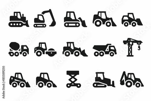Construction vehicle icons: bulldozer, excavator, crane, mixer, backhoe