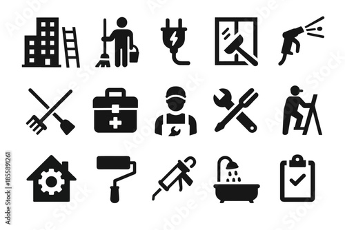 Home and maintenance icons set: tools, cleaning, repair, construction symbols