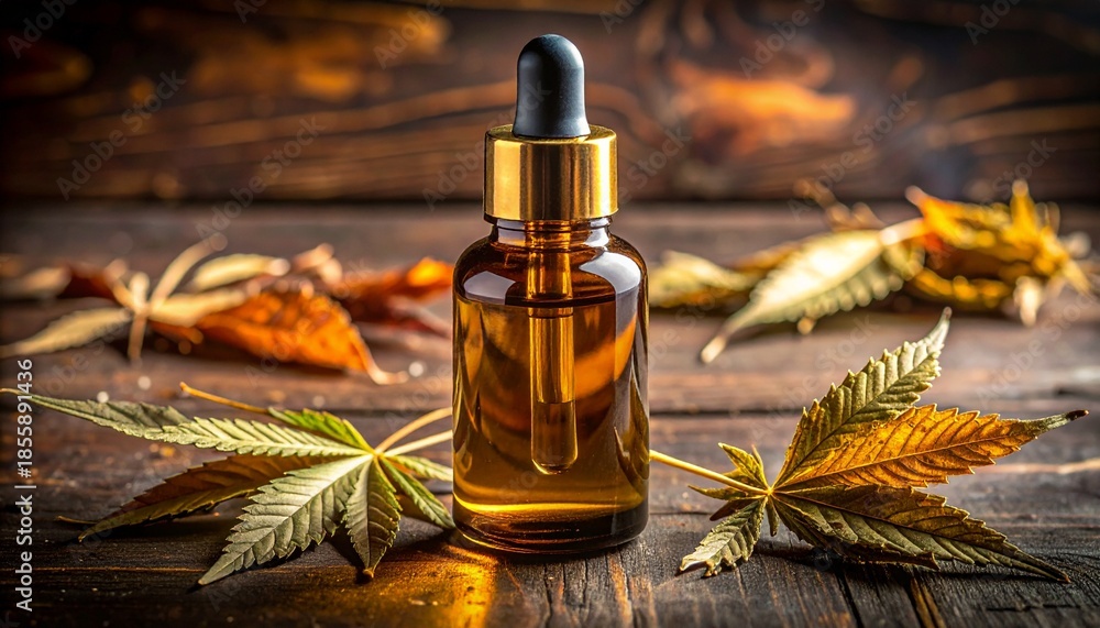 Fototapeta premium CBD oil bottle with cannabis leaves on wooden surface.
