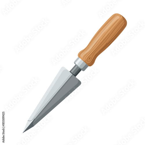 A garden dibber tool with a wooden handle and metal blade on a white background.