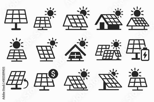 Icon set of solar panels and renewable energy symbols with sun and battery