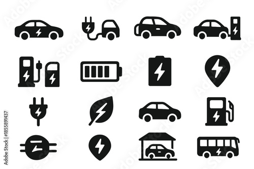 Electric vehicle icon set with charging stations cars and buses