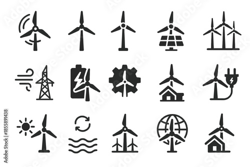 Renewable energy icon set featuring wind turbines and sustainability symbols