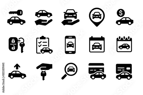 Car rental and purchase icons set featuring keys and location signs