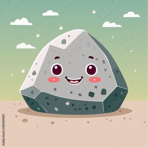 Cartoon rock with a happy face on a light green and tan background.