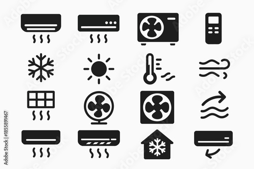 Air conditioning and ventilation icon set featuring fans and temperature symbols