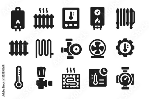 Heating system icons: boilers, radiators, thermostats, pumps and fans