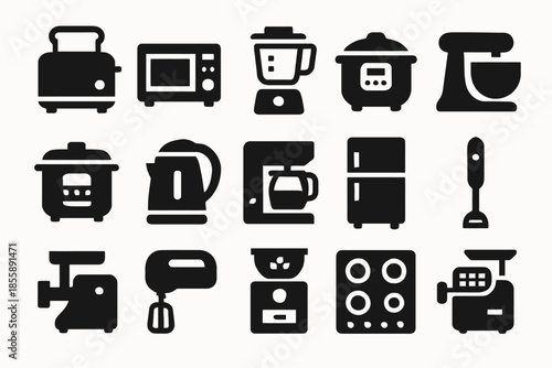 Silhouettes of kitchen appliances: toaster, blender, mixer, microwave, fridge