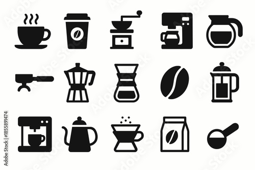 Coffee equipment icons: cups, machines, grinders, beans, pots
