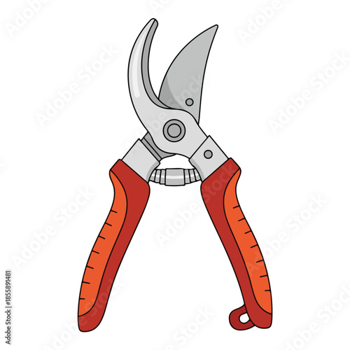 A pair of red-handled garden pruners or secateurs with metal blades against a clean white background, showcasing gardening tools.