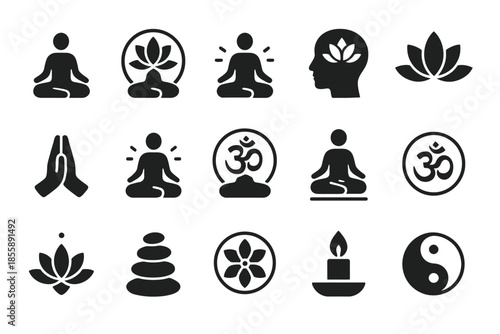 Meditation and yoga icon set featuring lotus and om symbols