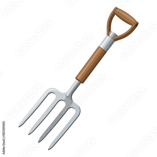 A garden fork with a wooden handle and metal prongs on a white background, showcasing essential garden tools.