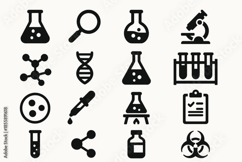 Set of laboratory equipment icons including beakers, test tubes, and microscope