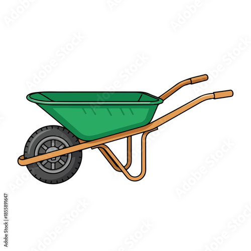 A green wheelbarrow with orange handles and a black wheel against a clean white background, featuring common garden tools.