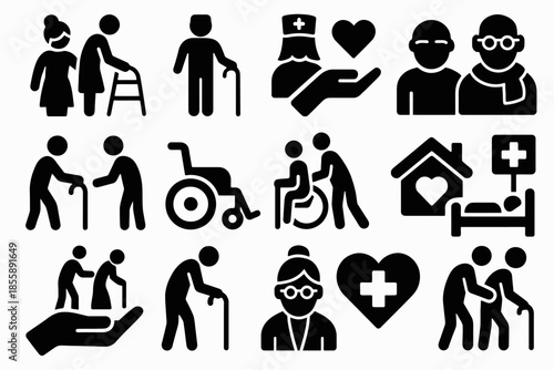 Elderly care icons: support, health, and accessibility symbols