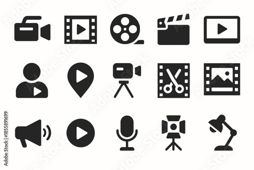 Variety of video production and editing icons with play buttons