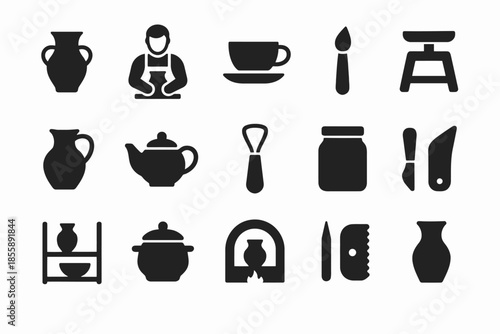 Pottery and kitchen icons collection featuring pots, utensils, and jars