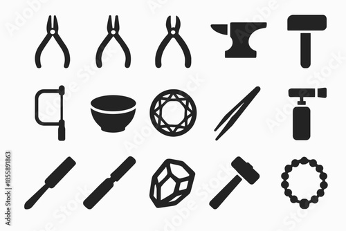Silhouettes of jewelry-making tools: pliers, anvil, hammer, and more