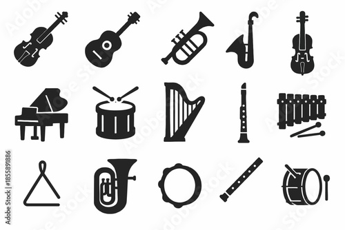 Silhouette icons of musical instruments: trumpet, violin, guitar, piano, drum, harp, clarinet, xylophone