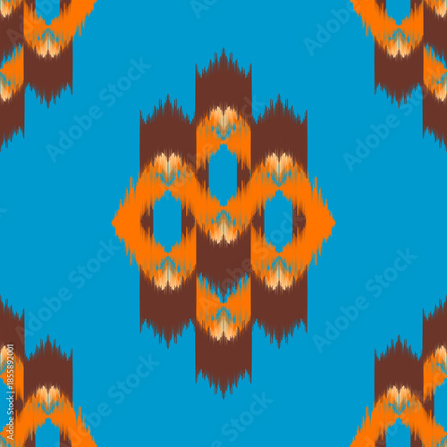Ethnic ikat orange on blue dye yarns weaving seamless pattern. Vector hand drawn craftsmanship embroidery bohemian, abstract square geographic art fabric ikat textile material design for clothing 