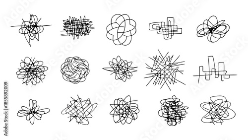 Doodle clew. Chaos lines, hand drawing tangled clew, insane mess scribble, confused brain thinking doodle, clutter complicated concept. Squiggles and scrawl vector set