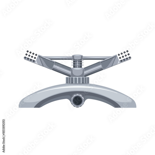 A close-up view of a silver metal sprinkler head with multiple spray nozzles for garden tools on a white background.