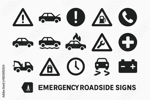 Emergency roadside signs collection: essential car safety warning symbols