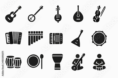 Black instrument silhouettes: guitar, banjo, violin, accordion, drums, sitar