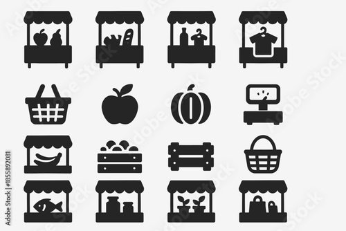 Market icons: fruits, vegetables, clothing, baskets, and computers