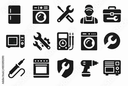 Household appliance repair icon set: tools, technician, electronics