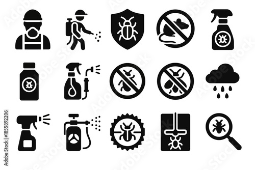 Pest control icons set featuring sprayer, insect symbols, and prohibition signs