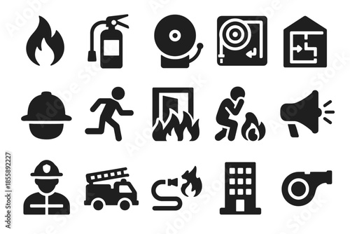 Emergency response icons: fire safety equipment and evacuation symbols