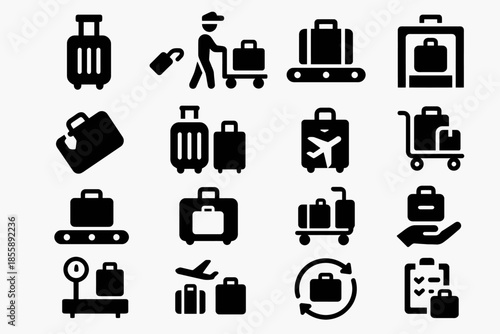 Collection of luggage icons featuring suitcases, trolleys, and baggage handling symbols