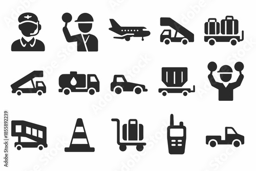 Airport icons: transportation, vehicles, personnel, equipment, safety