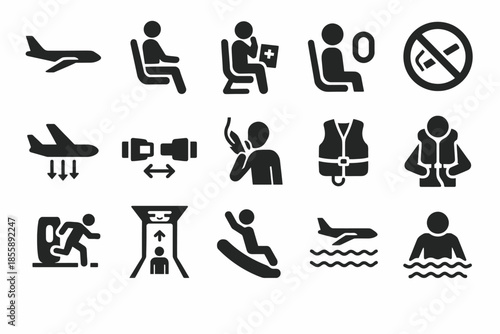 Airplane safety icons: instructions for emergency and in-flight procedures
