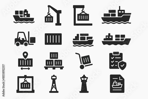 Maritime shipping icons: cargo, containers, ships, and logistics symbols