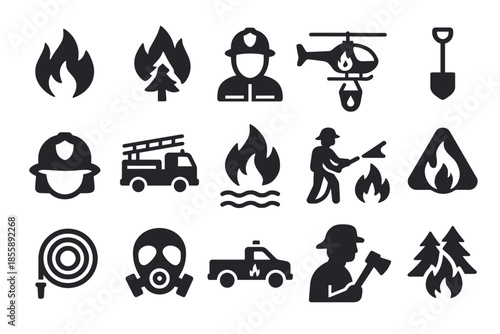 Firefighting icon set featuring firefighters, equipment, and forest fire symbols