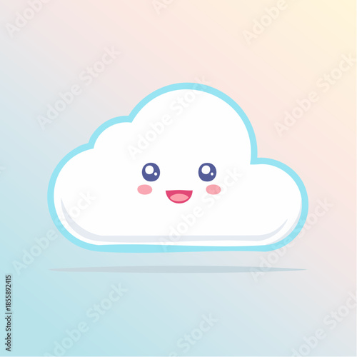 Cute cartoon cloud with a smiling face and rosy cheeks floating against a pastel gradient background.