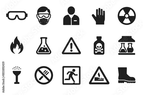Safety icons collection: lab, hazard, protective gear, warning signs, emergency preparedness
