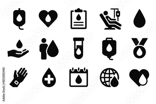 Blood donation icons: medical symbols for healthcare and volunteering