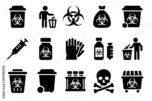 Biohazard symbols and waste disposal icons set in black