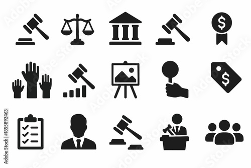 Auction and legal icon set featuring gavel, scales, and auctioneer symbols