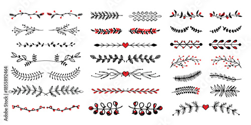 Christmas dividers set. Hand drawn ornamental winter holiday text decor border, Xmas floral underline, ornamental wedding card doodle separator with fir and holly branches. Vector isolated set