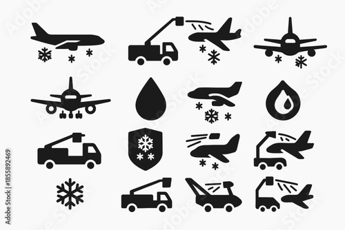 Aircraft de-icing icons: vehicles, planes, snowflakes, drops, shields