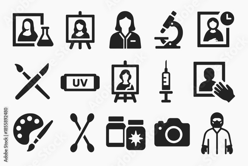 Artistic and scientific icon set featuring people, tools, and equipment