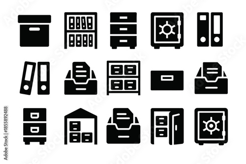 Silhouette icons of office storage: boxes, cabinets, safes, and files