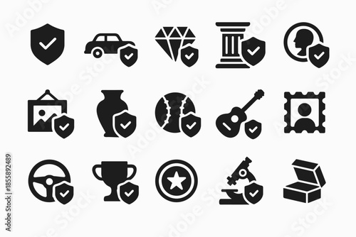 Icon set featuring artifacts, vehicles, awards, and security symbols