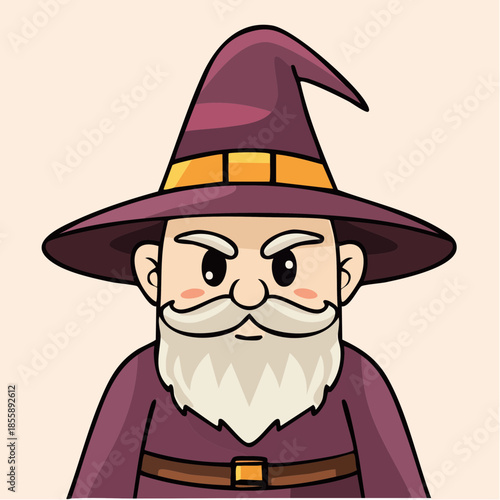 Cartoon wizard with a purple hat and robe, white beard and mustache, and a serious expression.