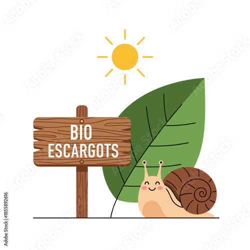 Cute snail with a wooden sign saying "Bio Escargots" under sun  